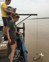 An instrument about to be lowered into the Yellow River to collect a water and sediment sample.